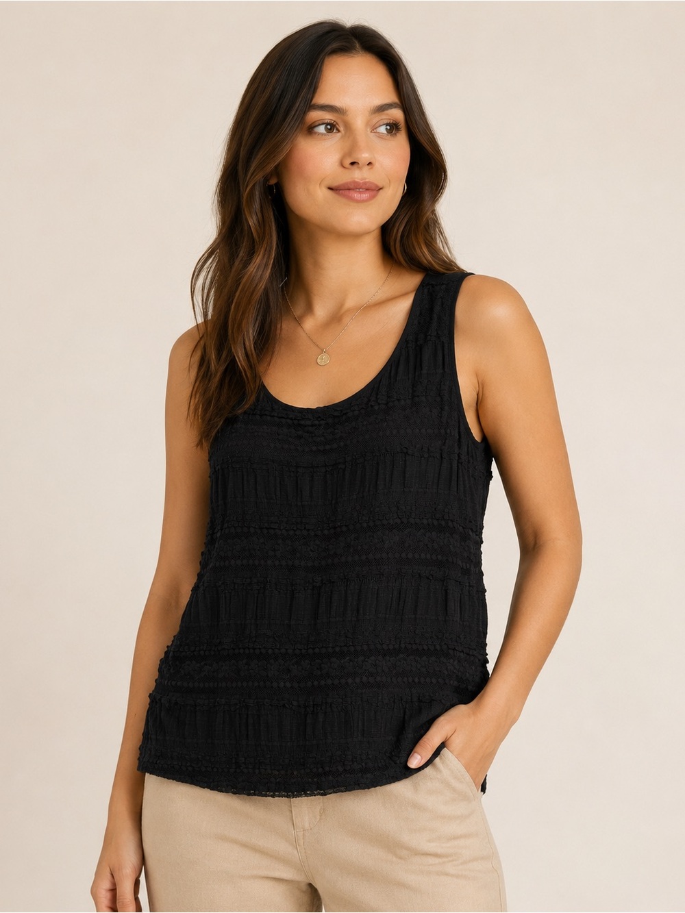 Chico’s Black Lace Textured Tank Top Women’s Size 3 (XL) Sleeveless Boho Cottage